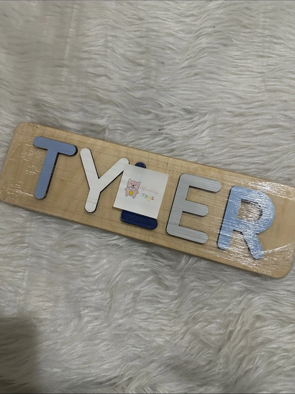Wooden TYLER Name Puzzle Wall Sign - Blue & White Letters